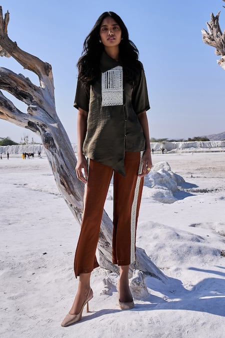 Dash And Dot Green Polyester Gota Patti Asymmetric Embroidered Shirt With Culottes Online at Aza Fashions Dash And Dot_Green Polyester Gota Patti Asymmetric Embroidered Shirt With Culottes _Online_at_Aza_Fashions