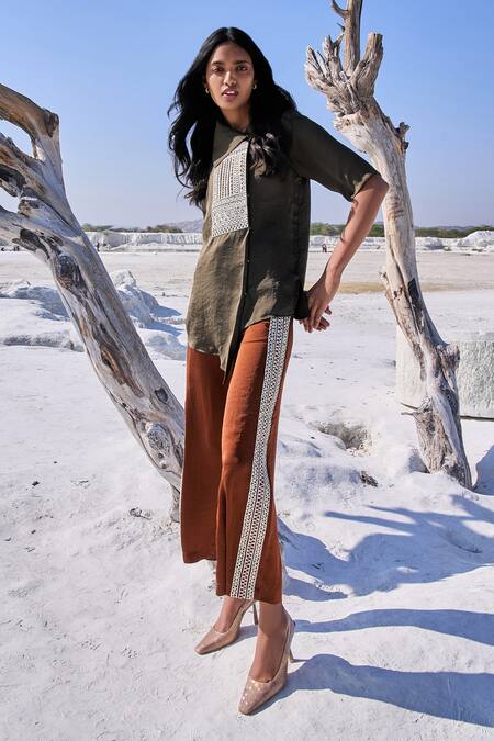 Buy Dash And Dot Green Polyester Gota Patti Asymmetric Embroidered Shirt With Culottes Online at Aza Fashions Buy_Dash And Dot_Green Polyester Gota Patti Asymmetric Embroidered Shirt With Culottes _Online_at_Aza_Fashions