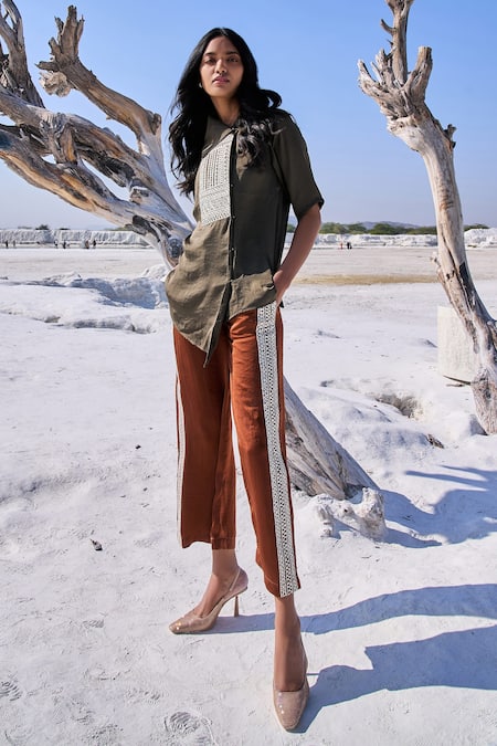 Shop Dash And Dot Green Polyester Gota Patti Asymmetric Embroidered Shirt With Culottes Online at Aza Fashions Shop_Dash And Dot_Green Polyester Gota Patti Asymmetric Embroidered Shirt With Culottes _Online_at_Aza_Fashions