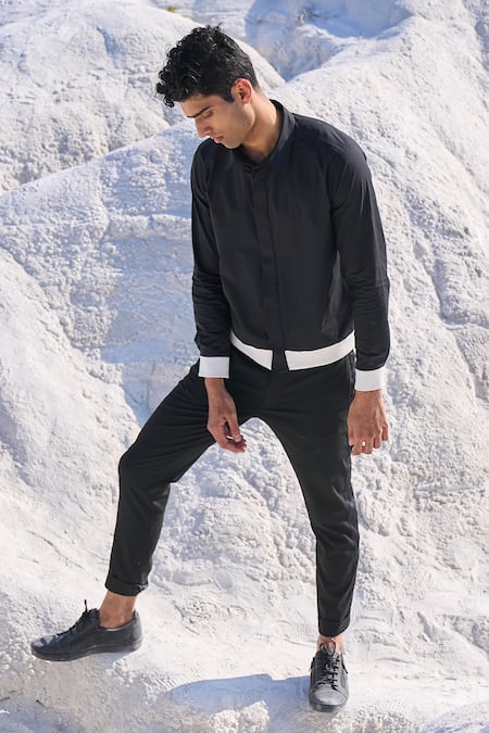 Buy_Dash And Dot_Black Cotton Contrast Rib Shirt_Online_at_Aza_Fashions