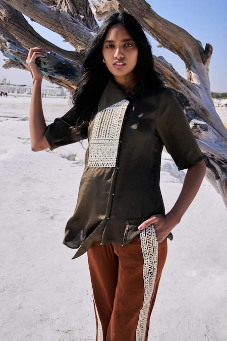 Dash And Dot Green Polyester Gota Patti Asymmetric Embroidered Shirt With Culottes at Aza Fashions Dash And Dot_Green Polyester Gota Patti Asymmetric Embroidered Shirt With Culottes _at_Aza_Fashions