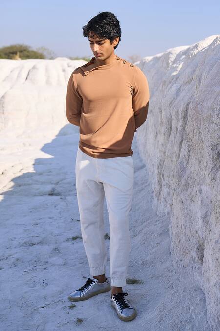 Buy_Dash And Dot_Brown Polyester, Spandex Shoulder Placket T-shirt_Online_at_Aza_Fashions