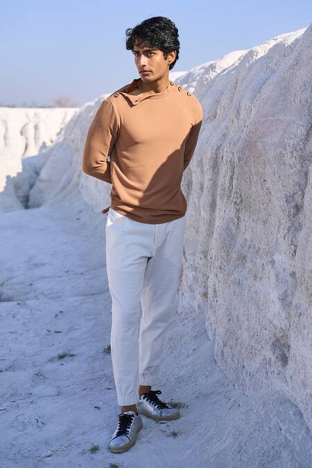 Shop_Dash And Dot_Brown Polyester, Spandex Shoulder Placket T-shirt_Online_at_Aza_Fashions