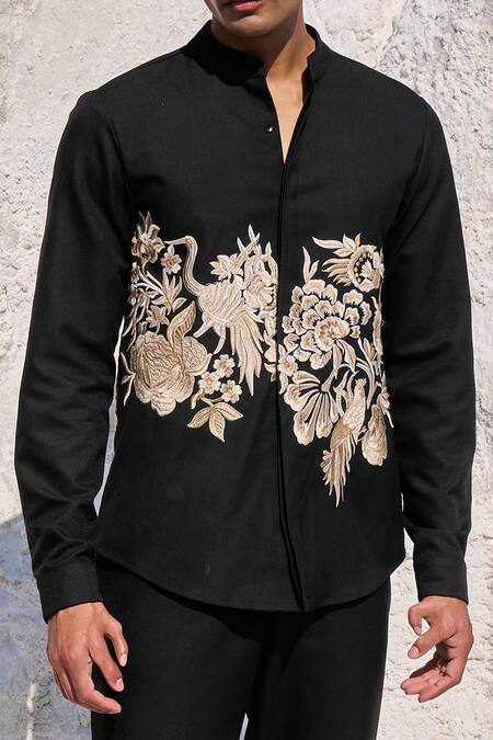 Shop Dash And Dot Black Polyester, Viscose, Spandex Embroidery Gara Stitch Shirt And Pant Set Online at Aza Fashions Shop_Dash And Dot_Black Polyester, Viscose, Spandex Embroidery Gara Stitch Shirt And Pant Set_Online_at_Aza_Fashions