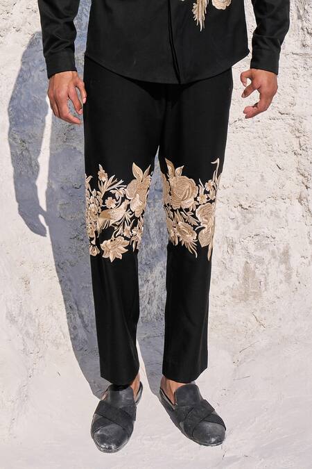 Dash And Dot Black Polyester, Viscose, Spandex Embroidery Gara Stitch Shirt And Pant Set at Aza Fashions Dash And Dot_Black Polyester, Viscose, Spandex Embroidery Gara Stitch Shirt And Pant Set_at_Aza_Fashions