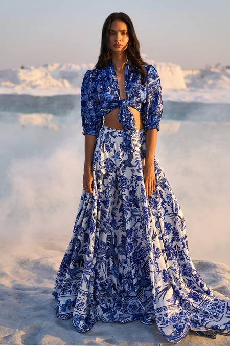 Buy Dash And Dot Blue Polyester Bandeau Neck Porcelain Print Top And Skirt Set Online at Aza Fashions Buy_Dash And Dot_Blue Polyester Bandeau Neck Porcelain Print Top And Skirt Set _Online_at_Aza_Fashions
