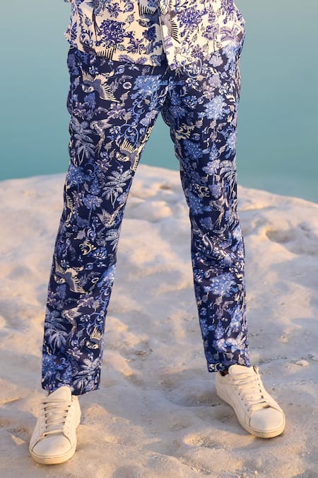Dash And Dot_White Polyester Embroidery Porcelain Print Shirt And Pant Set _Online_at_Aza_Fashions