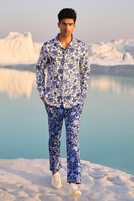 Buy_Dash And Dot_White Polyester Embroidery Porcelain Print Shirt And Pant Set _Online_at_Aza_Fashions