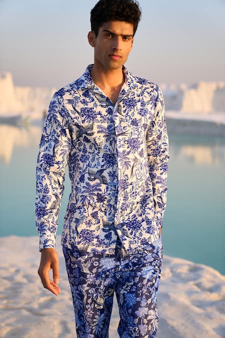 Shop_Dash And Dot_White Polyester Embroidery Porcelain Print Shirt And Pant Set _Online_at_Aza_Fashions