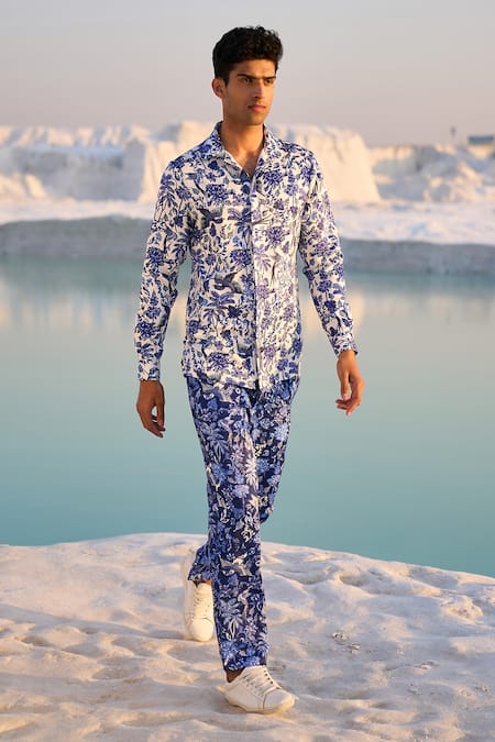 Dash And Dot_White Polyester Embroidery Porcelain Print Shirt And Pant Set _at_Aza_Fashions