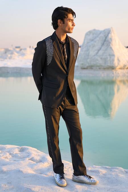 Dash And Dot Black Polyester, Viscose, Spandex Embroidery Mirror Harness Blazer Online at Aza Fashions Dash And Dot_Black Polyester, Viscose, Spandex Embroidery Mirror Harness Blazer_Online_at_Aza_Fashions