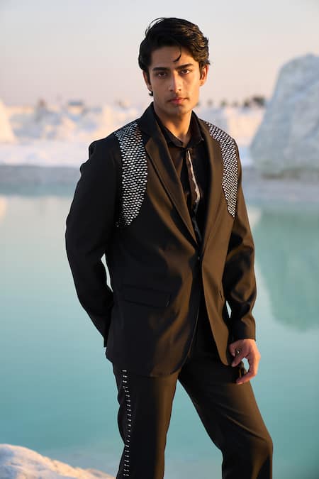 Buy Dash And Dot Black Polyester, Viscose, Spandex Embroidery Mirror Harness Blazer Online at Aza Fashions Buy_Dash And Dot_Black Polyester, Viscose, Spandex Embroidery Mirror Harness Blazer_Online_at_Aza_Fashions