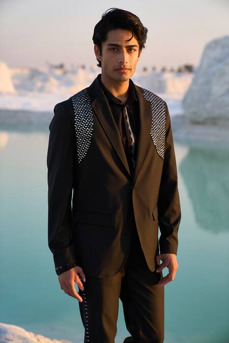 Shop Dash And Dot Black Polyester, Viscose, Spandex Embroidery Mirror Harness Blazer Online at Aza Fashions Shop_Dash And Dot_Black Polyester, Viscose, Spandex Embroidery Mirror Harness Blazer_Online_at_Aza_Fashions