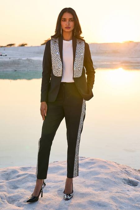 Dash And Dot Black Polyester, Viscose, Spandex Mirrors Shawl Embellished Jacket With Pant Online at Aza Fashions Dash And Dot_Black Polyester, Viscose, Spandex Mirrors Shawl Embellished Jacket With Pant _Online_at_Aza_Fashions