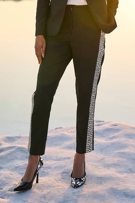 Buy Dash And Dot Black Polyester, Viscose, Spandex Mirrors Shawl Embellished Jacket With Pant Online at Aza Fashions Buy_Dash And Dot_Black Polyester, Viscose, Spandex Mirrors Shawl Embellished Jacket With Pant _Online_at_Aza_Fashions