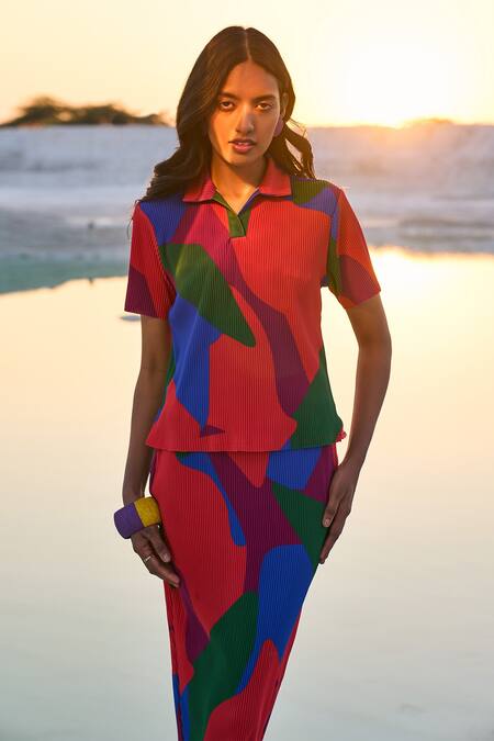 Shop Dash And Dot Multi Color Polyester Shawl Neck Abstract Print Top With Skirt Online at Aza Fashions Shop_Dash And Dot_Multi Color Polyester Shawl Neck Abstract Print Top With Skirt _Online_at_Aza_Fashions