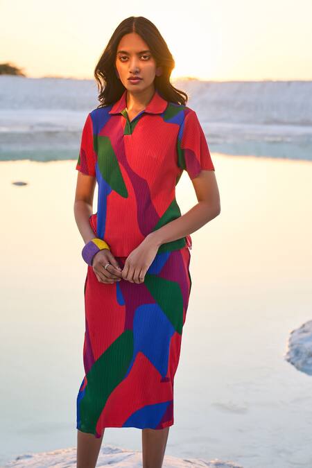 Dash And Dot Multi Color Polyester Shawl Neck Abstract Print Top With Skirt at Aza Fashions Dash And Dot_Multi Color Polyester Shawl Neck Abstract Print Top With Skirt _at_Aza_Fashions