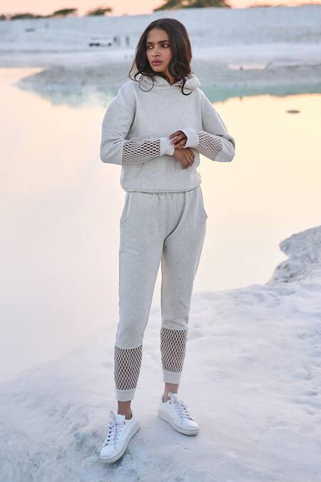 Dash And Dot_Off White Organic Cotton Mesh Cuff Hoodie And Joggers_Online_at_Aza_Fashions