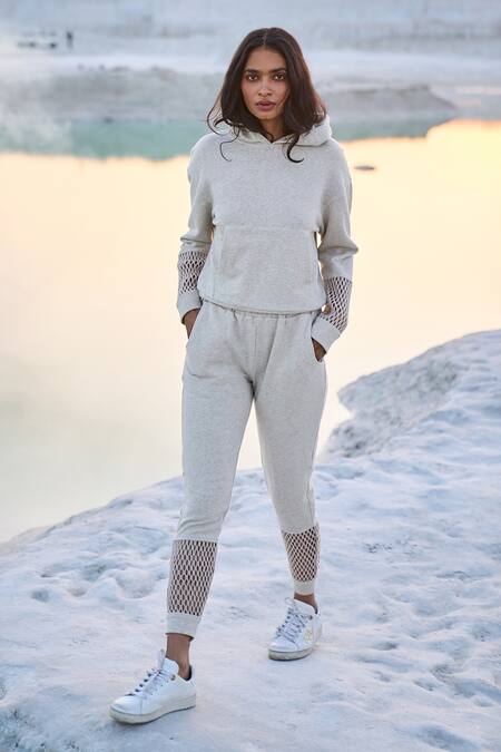 Shop_Dash And Dot_Off White Organic Cotton Mesh Cuff Hoodie And Joggers_Online_at_Aza_Fashions