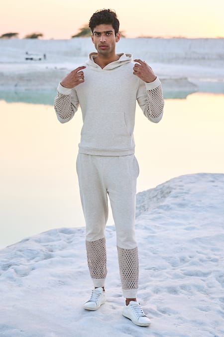 Dash And Dot_White Cotton Mesh Cuff Hoodie_Online_at_Aza_Fashions