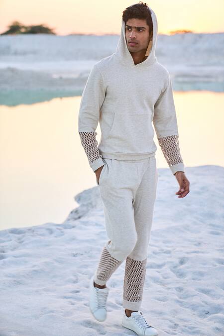 Buy_Dash And Dot_White Cotton Mesh Cuff Hoodie_Online_at_Aza_Fashions