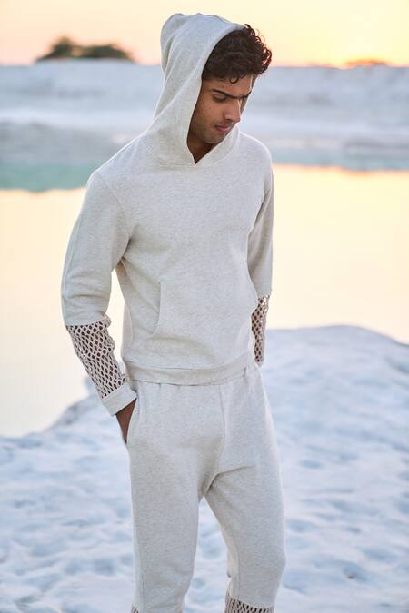 Buy White 100% Organic Cotton Plain Mesh Cuff Hoodie Set For Men