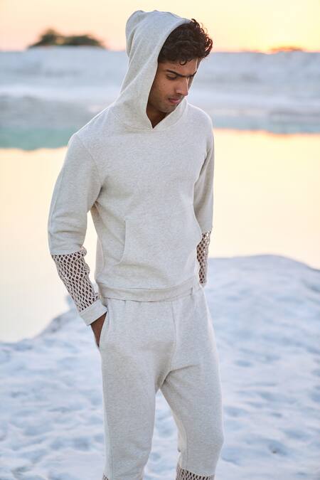 Shop_Dash And Dot_White Cotton Mesh Cuff Hoodie_Online_at_Aza_Fashions
