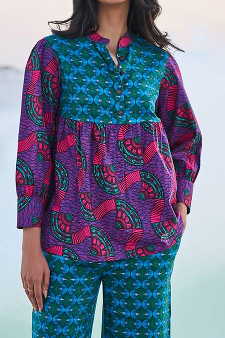 Buy_Dash And Dot_Multi Color Cotton, Tencel Embroidery Collared Toub Block Print Top And Pant Set _Online_at_Aza_Fashions