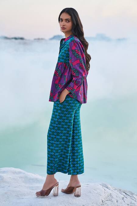 Dash And Dot_Multi Color Cotton, Tencel Embroidery Collared Toub Block Print Top And Pant Set _at_Aza_Fashions