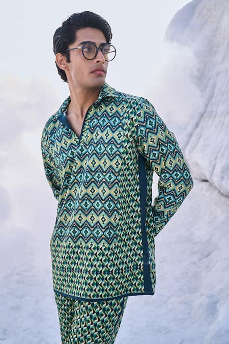 Dash And Dot_Green Tencel Embroidery Moroccan Tile Print Shirt And Pant Set_Online_at_Aza_Fashions