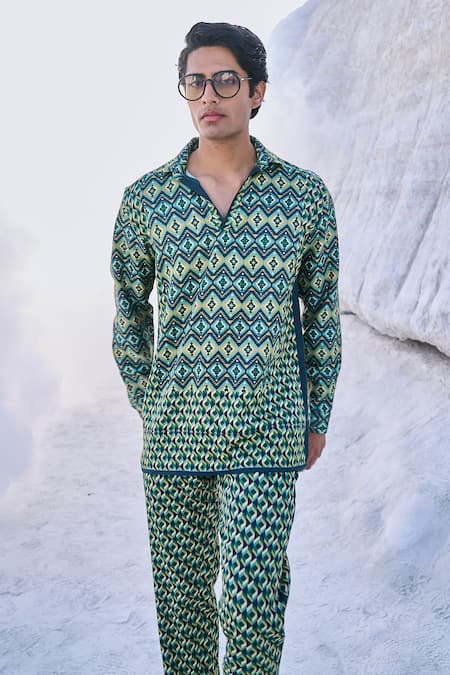 Buy_Dash And Dot_Green Tencel Embroidery Moroccan Tile Print Shirt And Pant Set_Online_at_Aza_Fashions