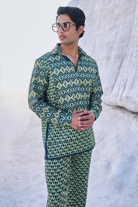 Shop_Dash And Dot_Green Tencel Embroidery Moroccan Tile Print Shirt And Pant Set_Online_at_Aza_Fashions