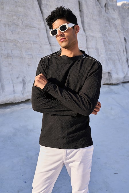 Dash And Dot_Black Polyester Shoulder Zip Crushed T-shirt_at_Aza_Fashions