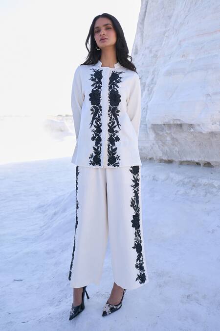 Buy_Dash And Dot_Ivory Tencel Embroidery Bandeau Neck Floral Shirt And Pant Set _Online_at_Aza_Fashions