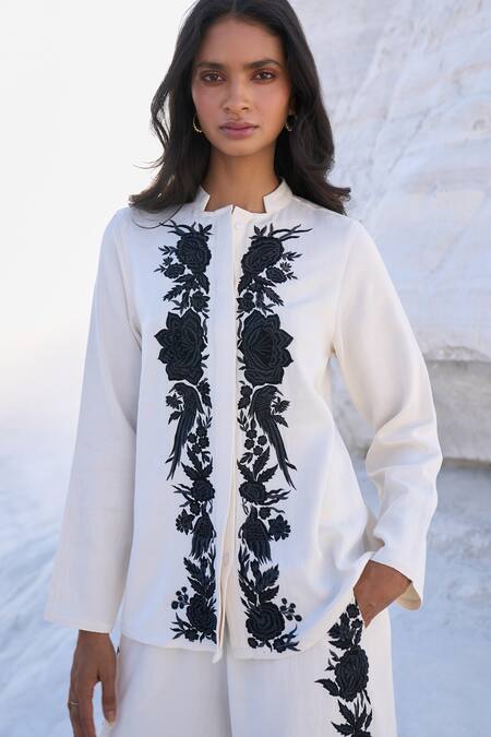 Shop_Dash And Dot_Ivory Tencel Embroidery Bandeau Neck Floral Shirt And Pant Set _Online_at_Aza_Fashions