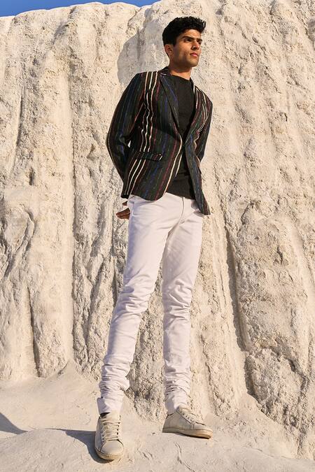 Buy_Dash And Dot_Black Polyester Stripe Pattern Blazer_Online_at_Aza_Fashions