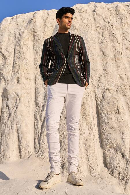 Shop_Dash And Dot_Black Polyester Stripe Pattern Blazer_Online_at_Aza_Fashions