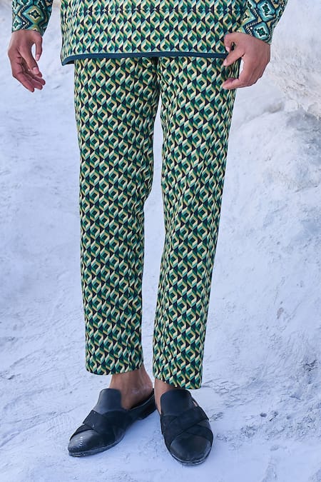 Dash And Dot_Green Tencel Embroidery Moroccan Tile Print Shirt And Pant Set_at_Aza_Fashions