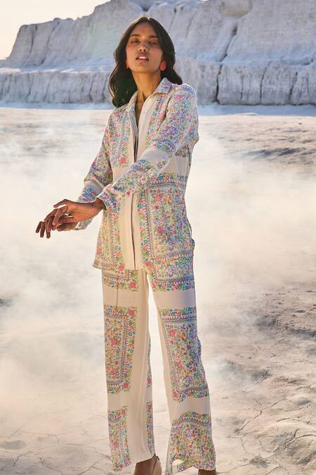 Shop Dash And Dot Ivory Tencel Embroidery Collared Shawl Flower Vine Print Shirt And Pant Set Online at Aza Fashions Shop_Dash And Dot_Ivory Tencel Embroidery Collared Shawl Flower Vine Print Shirt And Pant Set _Online_at_Aza_Fashions