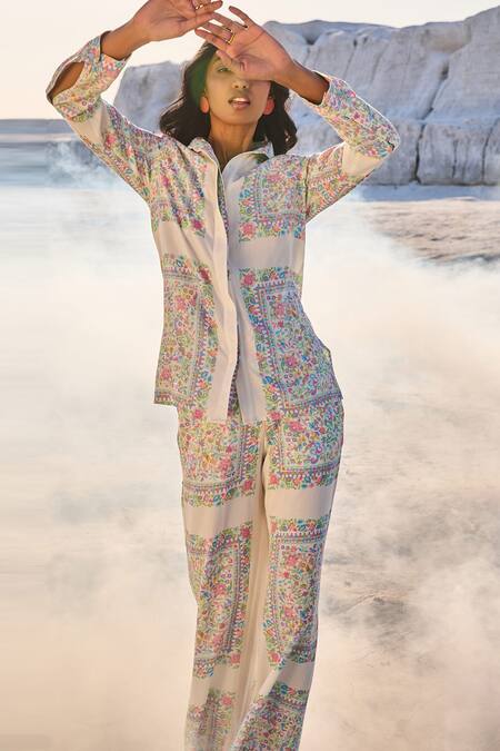 Dash And Dot Ivory Tencel Embroidery Collared Shawl Flower Vine Print Shirt And Pant Set at Aza Fashions Dash And Dot_Ivory Tencel Embroidery Collared Shawl Flower Vine Print Shirt And Pant Set _at_Aza_Fashions