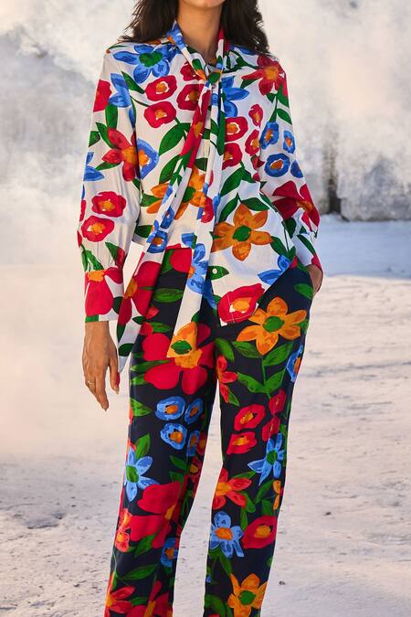 Buy_Dash And Dot_Multi Color 100% Tencel Flower Bow Tie-up Retro Floral Print Top With Pant_Online_at_Aza_Fashions