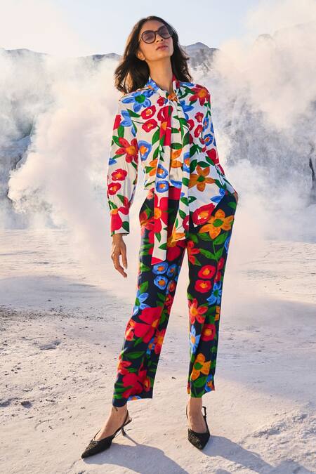 Dash And Dot_Multi Color 100% Tencel Flower Bow Tie-up Retro Floral Print Top With Pant_at_Aza_Fashions