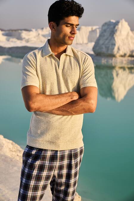 Buy_Dash And Dot_White 51% Organic Cotton And 49% Recycled Polyester Jacquard Polo T-shirt_Online_at_Aza_Fashions