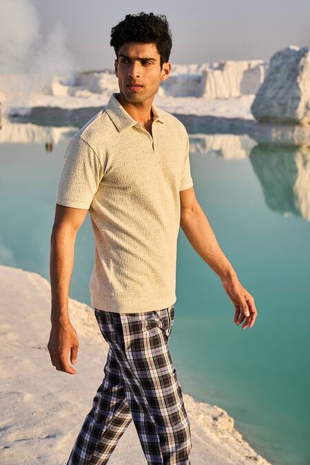 Shop_Dash And Dot_White 51% Organic Cotton And 49% Recycled Polyester Jacquard Polo T-shirt_Online_at_Aza_Fashions