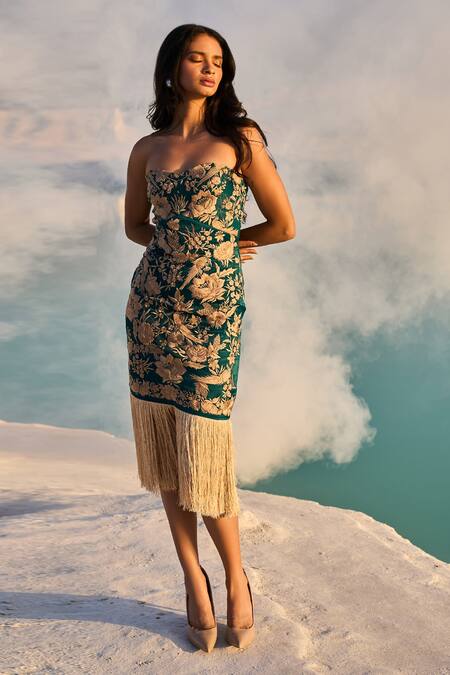 Buy_Dash And Dot_Blue Tencel, Polyester Embroidery Sweetheart Neck Fringed Dress _Online_at_Aza_Fashions