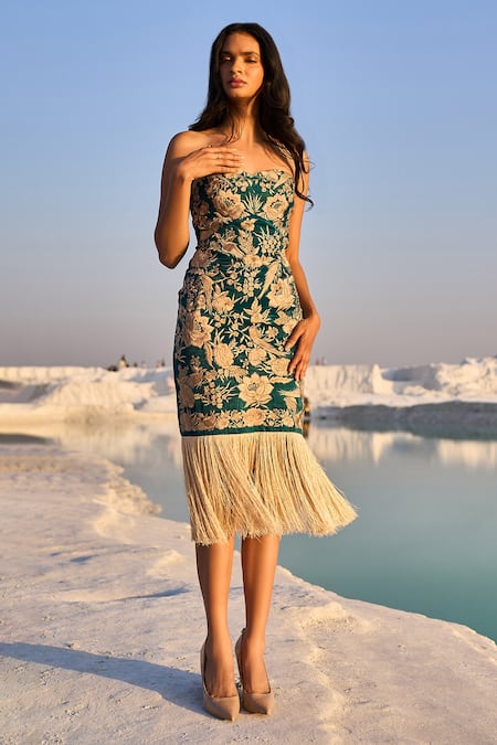 Shop_Dash And Dot_Blue Tencel, Polyester Embroidery Sweetheart Neck Fringed Dress _Online_at_Aza_Fashions