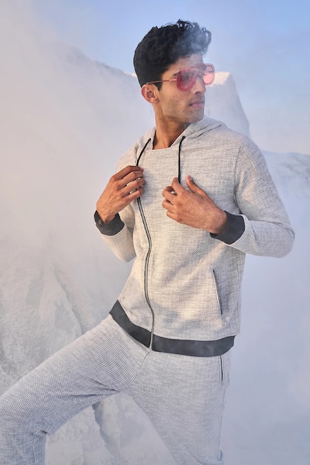 Buy_Dash And Dot_Grey Cotton, Polyester, Spandex Slant Zip Hoodie_Online_at_Aza_Fashions