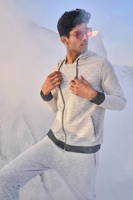 Buy_Dash And Dot_Gray Cotton, Polyester, Spandex Grey Zip Hoodie And Jogger Set_Online_at_Aza_Fashions