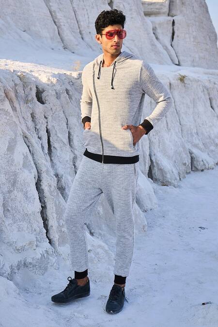 Buy_Dash And Dot_Grey Cotton, Polyester, Spandex Textured Jogger_Online_at_Aza_Fashions