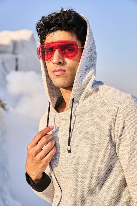 Dash And Dot_Grey Cotton, Polyester, Spandex Slant Zip Hoodie_at_Aza_Fashions